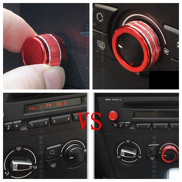 Red 2Pcs AC Climate Control Radio Volume Knob Ring Covers For BMW E90 E91