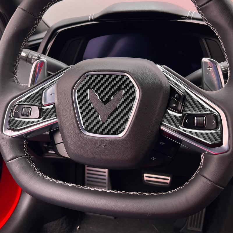 WXZOS Genuine Carbon Fiber Steering Wheel Trim for Chevrolet Corvette C8 2020-2024