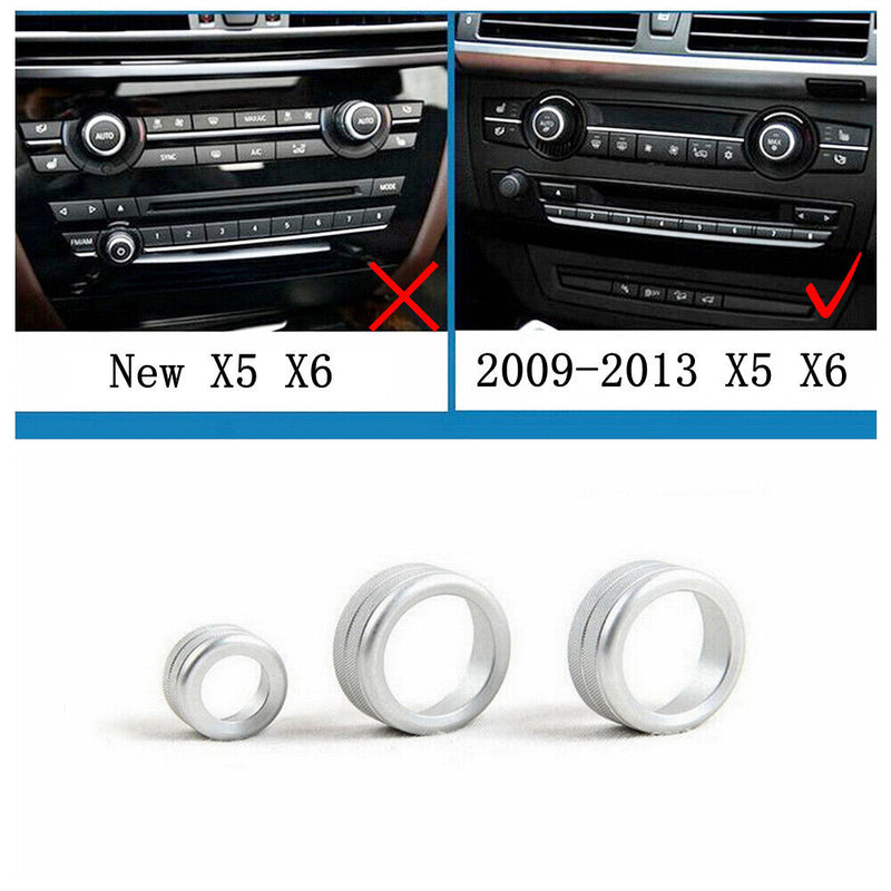 A/C Control Radio Volume Knob Ring Covers for BMW 2009-2013 X5 X6 Silver Alloy