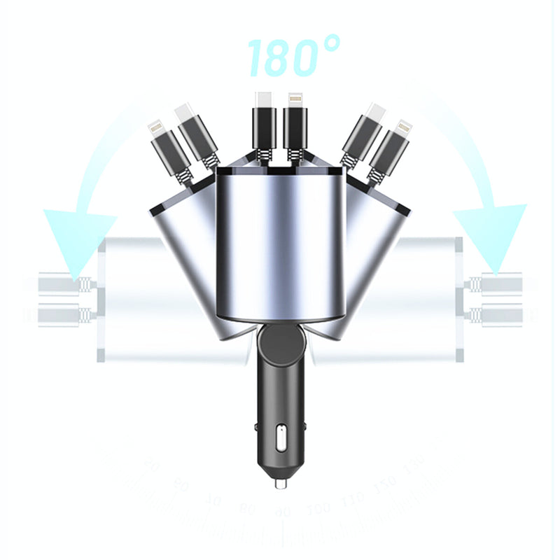 WXZOS Type-C&USB 100W 4-in-1 Car Charger Mobile Phone Fast Charg w/Retractable Cable