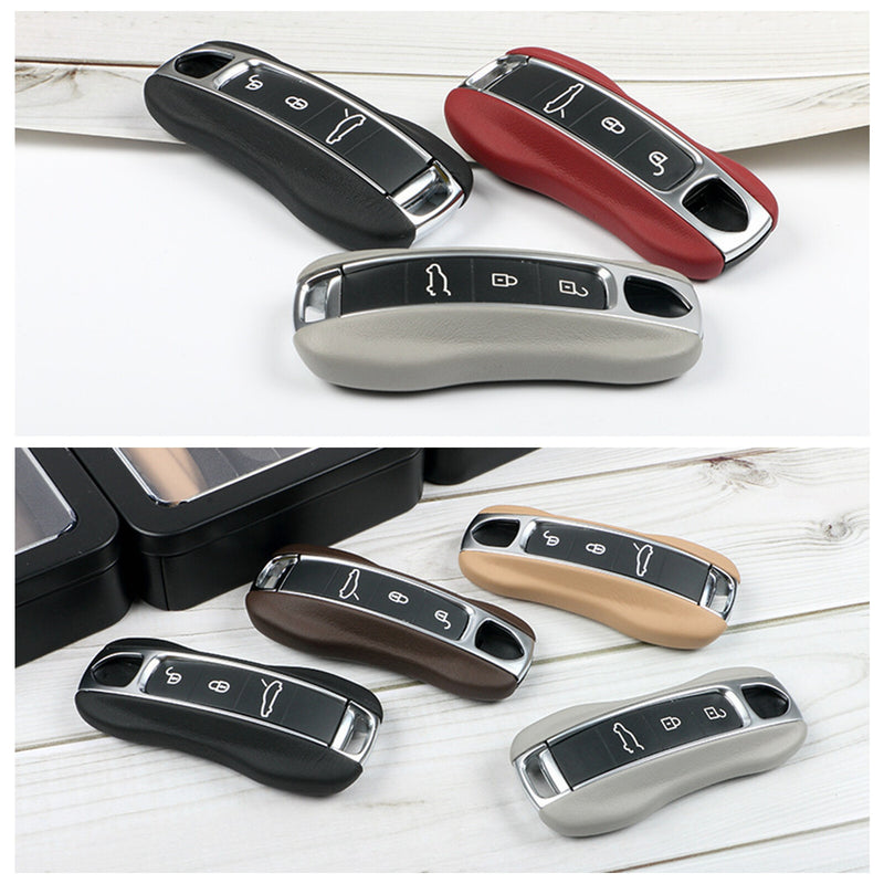 WXZOS Genuine Leather Smart Remote Key Fob Shell Replace for Porsche Cayenne 2018-2023