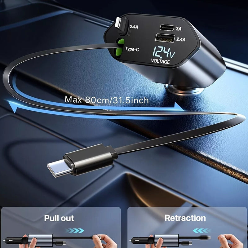 WXZOS Type-C&USB 120W 4-in-1 Car Charger Mobile Phone Fast Charg w/Retractable Cable