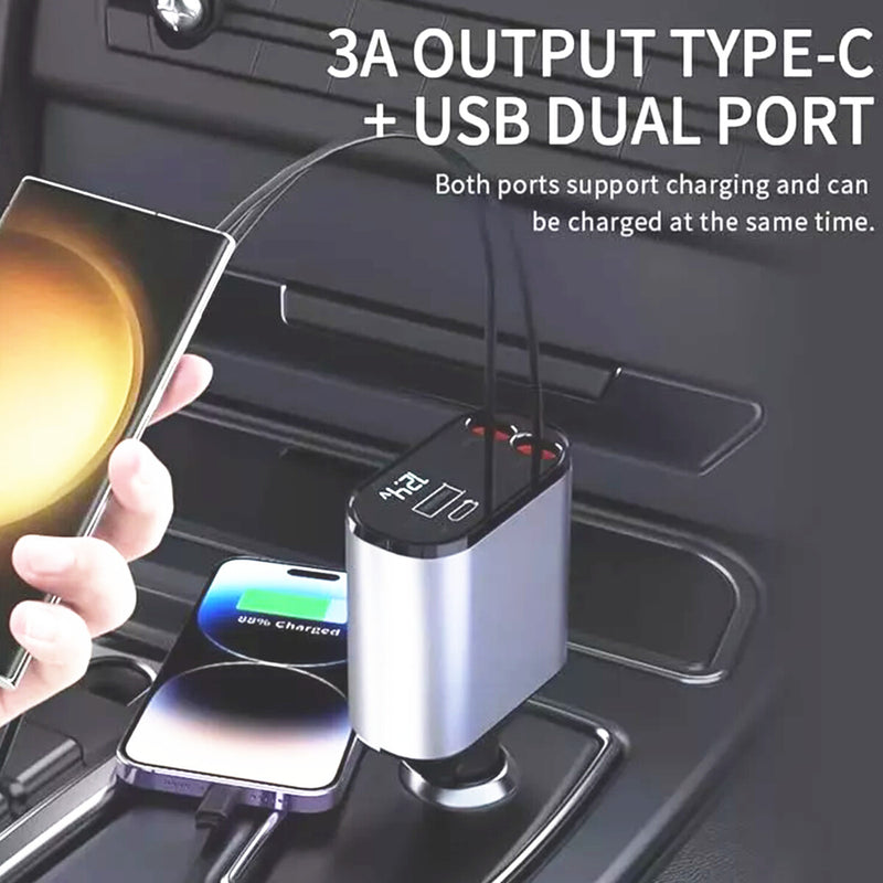 WXZOS Type-C&USB 120W 4-in-1 Car Charger Mobile Phone Fast Charg w/Retractable Cable