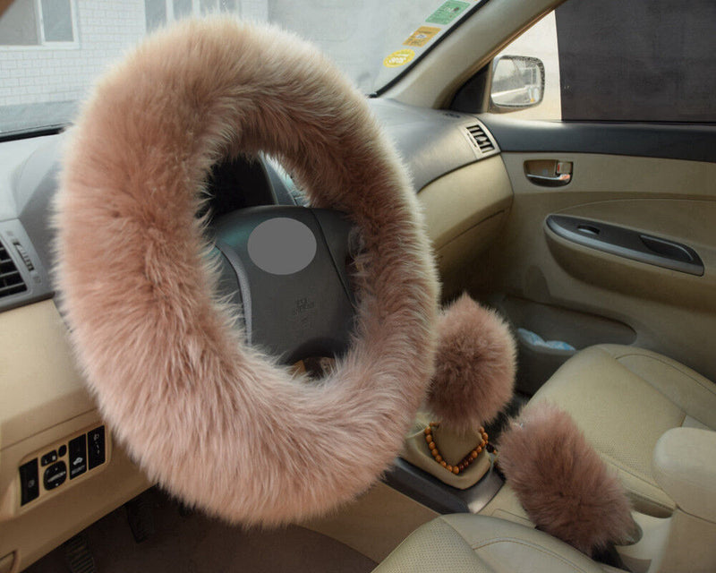 1Set Brown Long Furry Steering Wheel Cover Shifter Cover and Parking Brake Cover