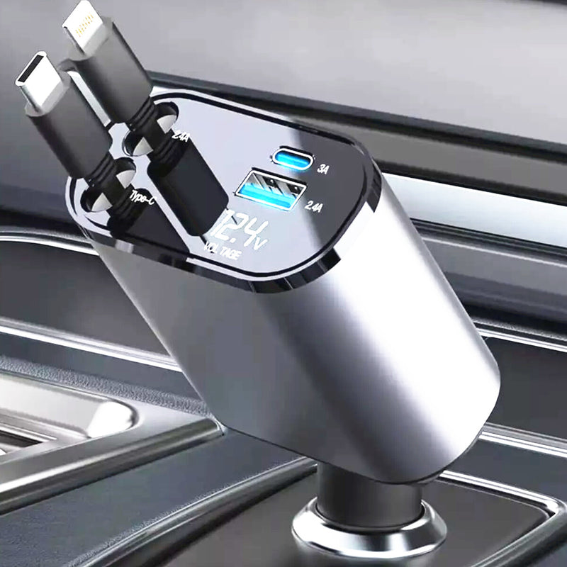 WXZOS Type-C&USB 120W 4-in-1 Car Charger Mobile Phone Fast Charg w/Retractable Cable