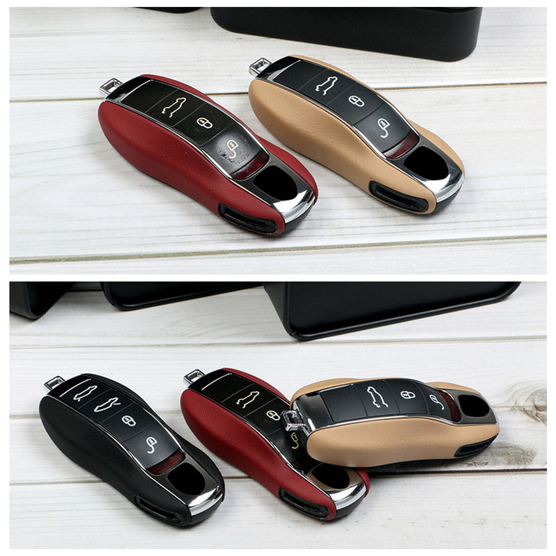 WXZOS Genuine Leather Remote Key Fob Shell Replace for Porsche 718 Boxster 2017-2023