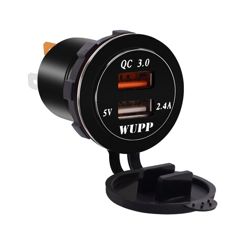 QC3.0 Dual USB Charger Led DIN Plug Socket for Car Motorcycle Black