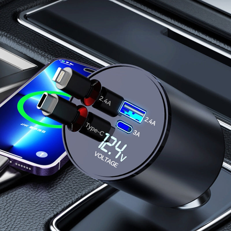 WXZOS Type-C&USB 100W 4-in-1 Car Charger Mobile Phone Fast Charg w/Retractable Cable