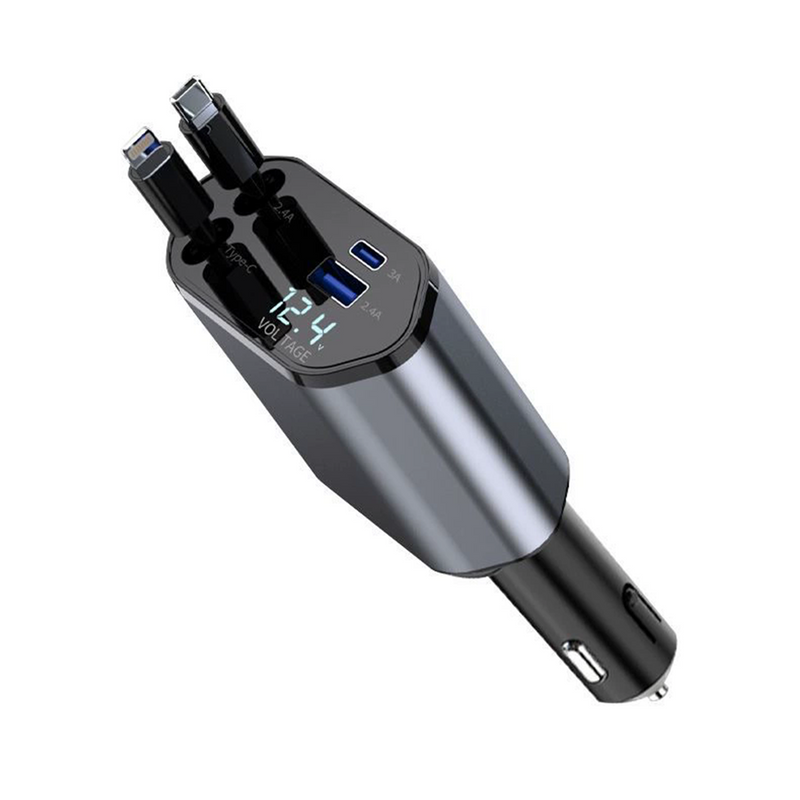 WXZOS Type-C&USB 120W 4-in-1 Car Charger Mobile Phone Fast Charg w/Retractable Cable