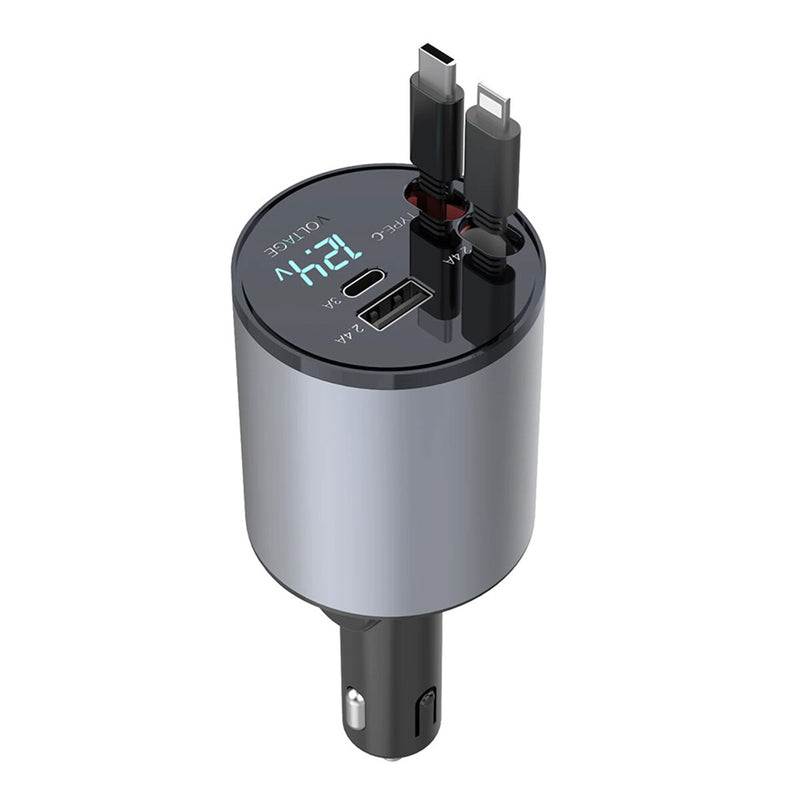 WXZOS Type-C&USB 100W 4-in-1 Car Charger Mobile Phone Fast Charg w/Retractable Cable