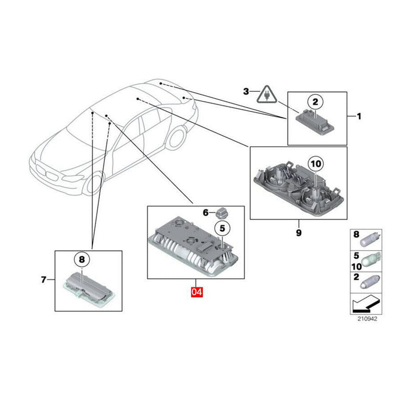 8Pin Front Roof Interior Dome Reading Lamp 63319163699 for BMW F07 F10/11 F02/04