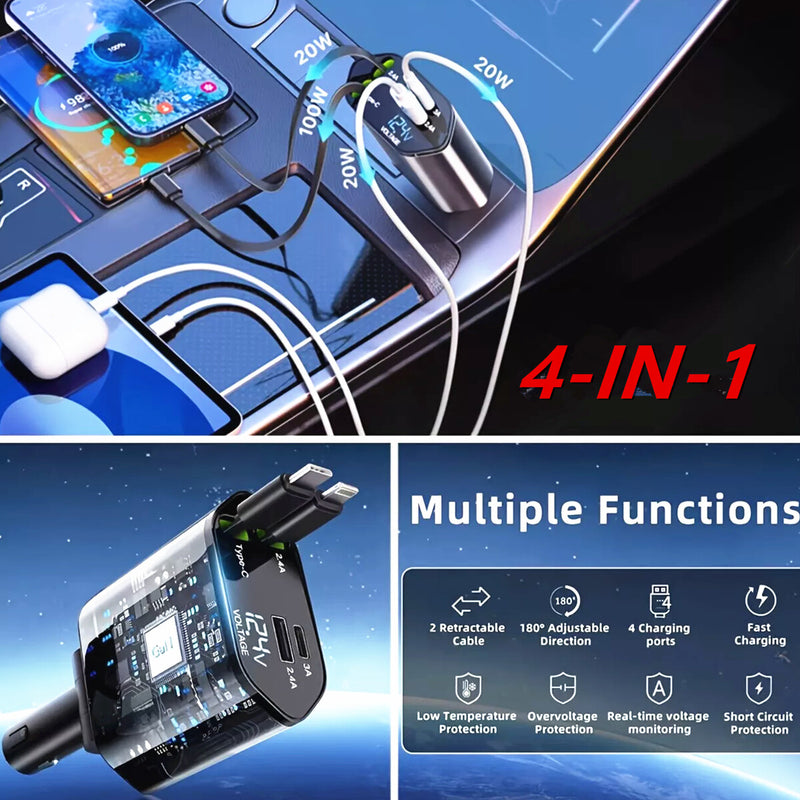 WXZOS Type-C&USB 120W 4-in-1 Car Charger Mobile Phone Fast Charg w/Retractable Cable