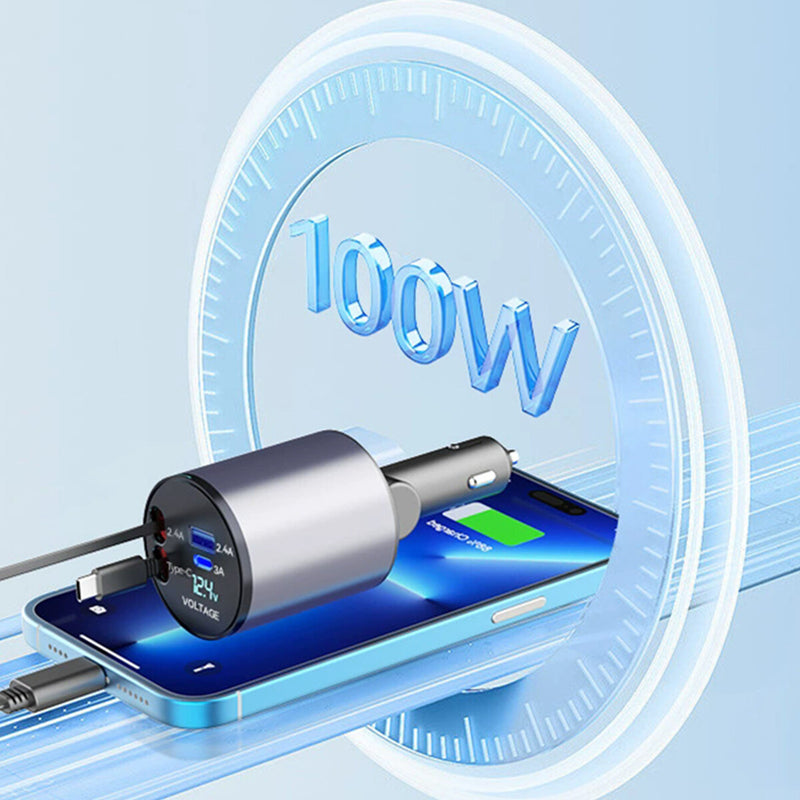 WXZOS Type-C&USB 100W 4-in-1 Car Charger Mobile Phone Fast Charg w/Retractable Cable