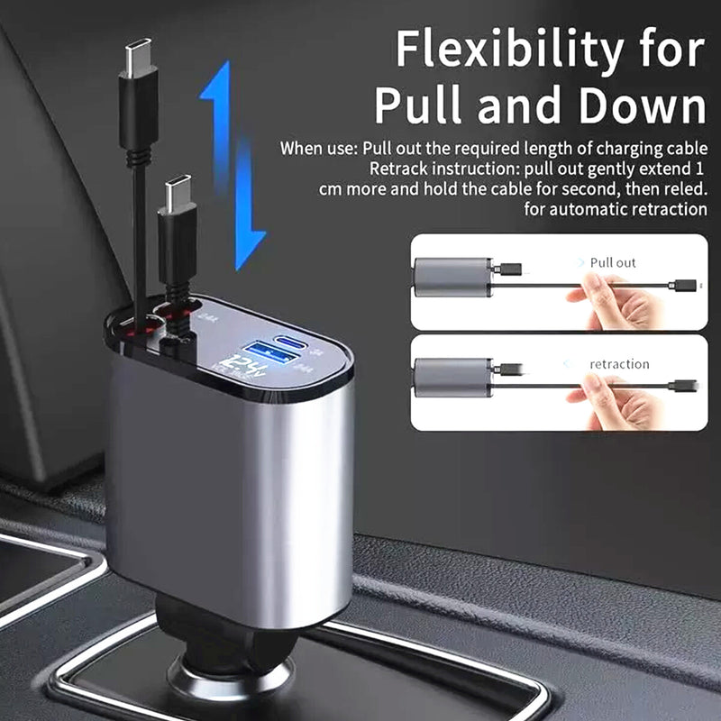 WXZOS Type-C&USB 120W 4-in-1 Car Charger Mobile Phone Fast Charg w/Retractable Cable