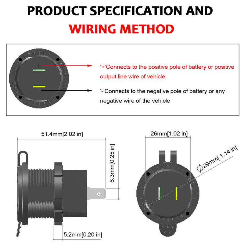 QC3.0 Dual USB Charger Led DIN Plug Socket for Car Motorcycle Black