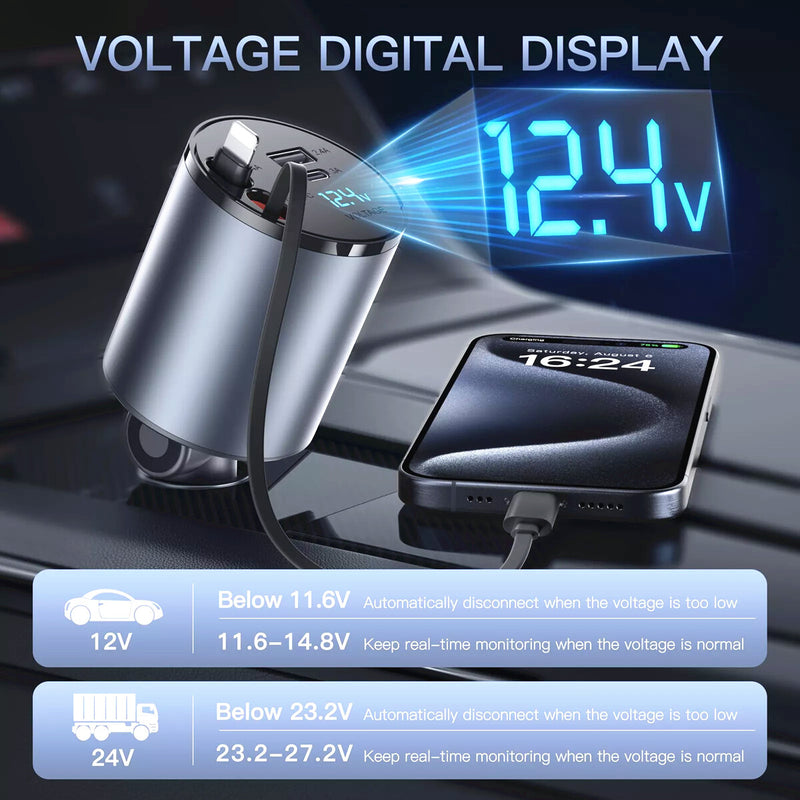 WXZOS Type-C&USB 100W 4-in-1 Car Charger Mobile Phone Fast Charg w/Retractable Cable