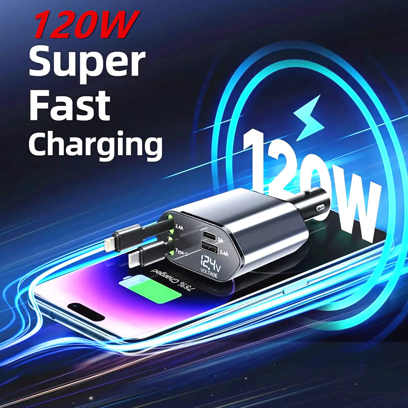 WXZOS Type-C&USB 120W 4-in-1 Car Charger Mobile Phone Fast Charg w/Retractable Cable