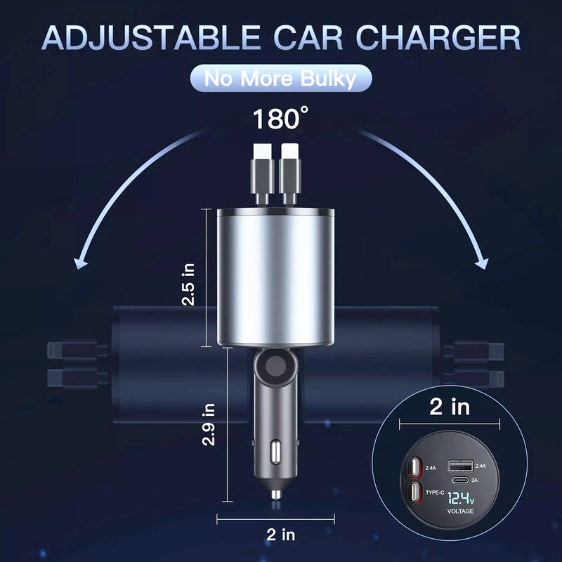 WXZOS Type-C&USB 100W 4-in-1 Car Charger Mobile Phone Fast Charg w/Retractable Cable