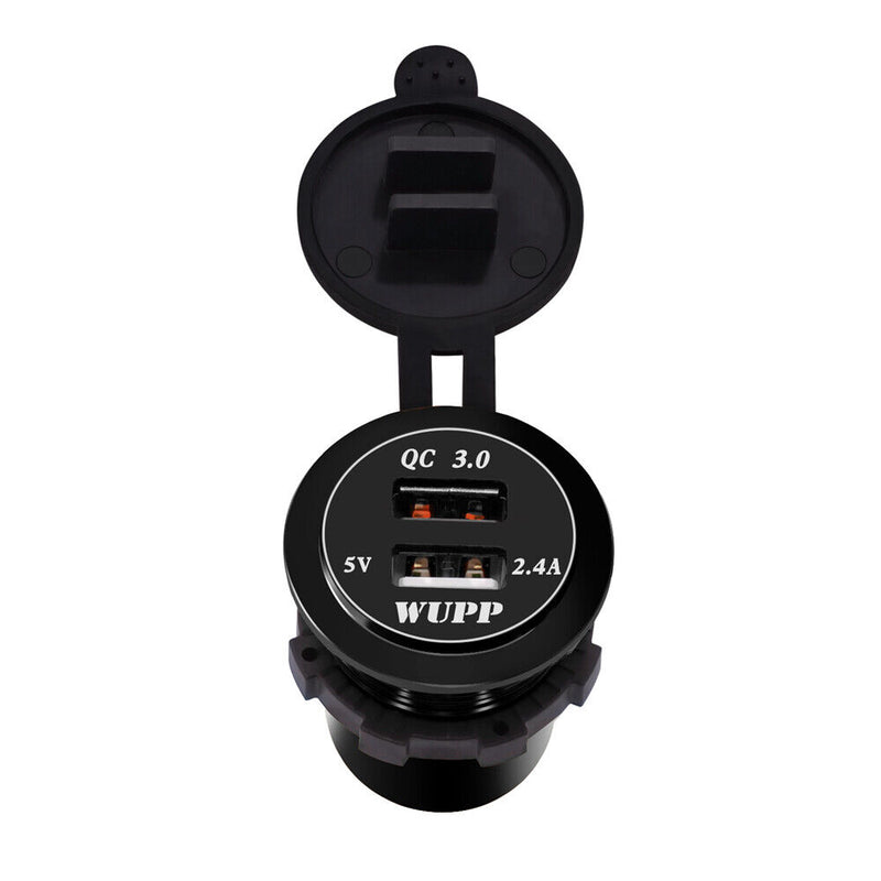 QC3.0 Dual USB Charger Led DIN Plug Socket for Car Motorcycle Black