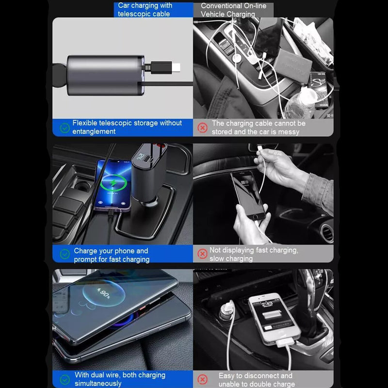 WXZOS Type-C&USB 120W 4-in-1 Car Charger Mobile Phone Fast Charg w/Retractable Cable