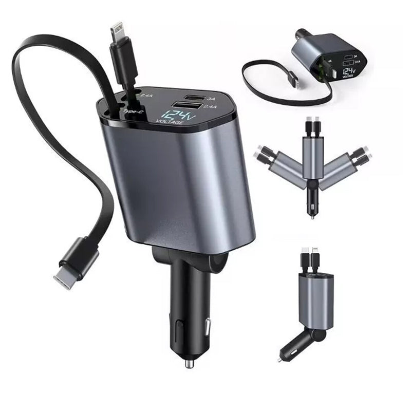 WXZOS Type-C&USB 120W 4-in-1 Car Charger Mobile Phone Fast Charg w/Retractable Cable