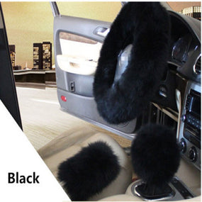 1Set Brown Long Furry Steering Wheel Cover Shifter Cover and Parking Brake Cover