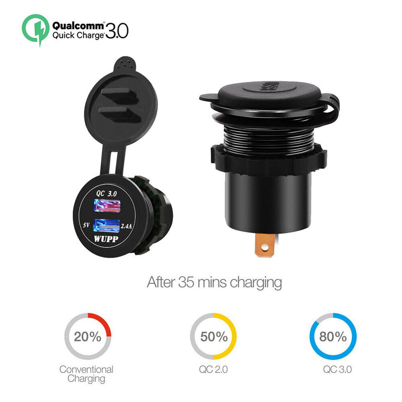 QC3.0 Dual USB Charger Led DIN Plug Socket for Car Motorcycle Black