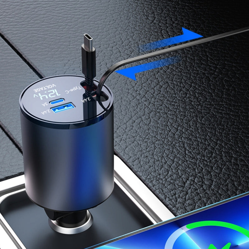 WXZOS Type-C&USB 100W 4-in-1 Car Charger Mobile Phone Fast Charg w/Retractable Cable