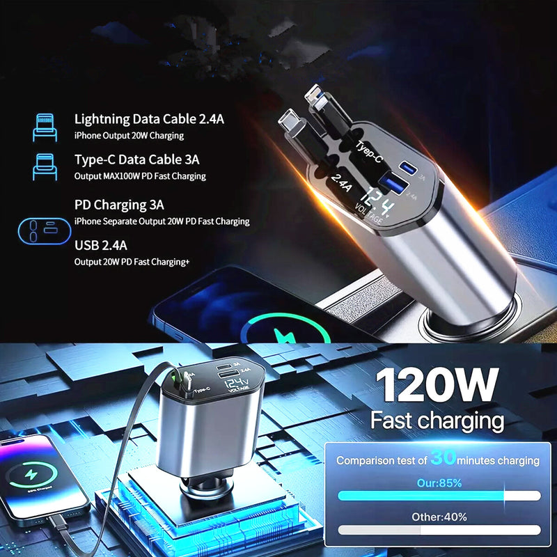 WXZOS Type-C&USB 120W 4-in-1 Car Charger Mobile Phone Fast Charg w/Retractable Cable