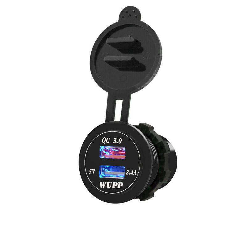 QC3.0 Dual USB Charger Led DIN Plug Socket for Car Motorcycle Black