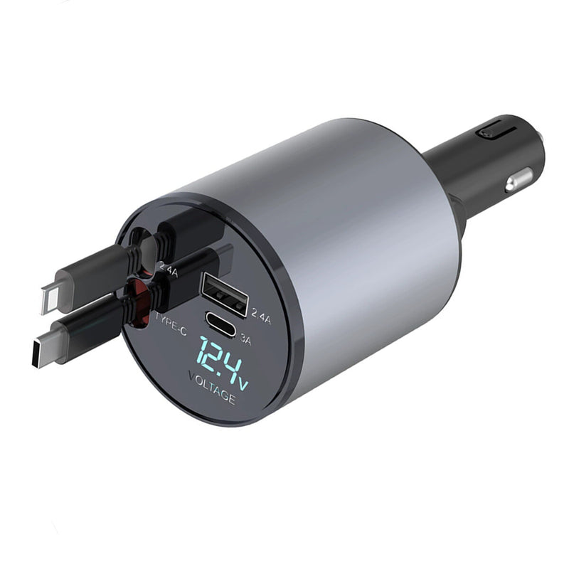 WXZOS Type-C&USB 100W 4-in-1 Car Charger Mobile Phone Fast Charg w/Retractable Cable