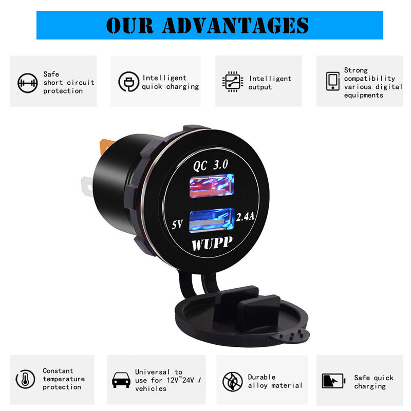 QC3.0 Dual USB Charger Led DIN Plug Socket for Car Motorcycle Black