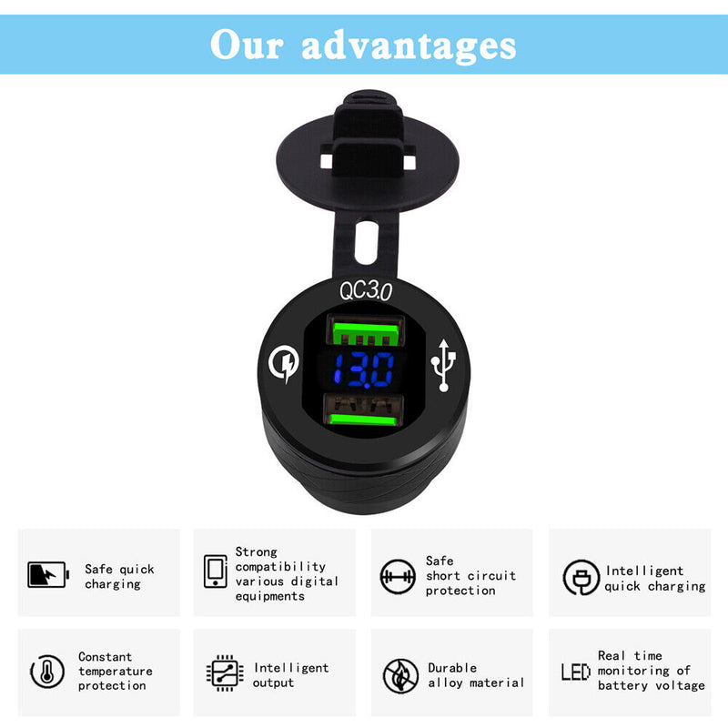 Dual QC3.0 USB Charger DIN EU Plug Socket For BMW Motorcycle