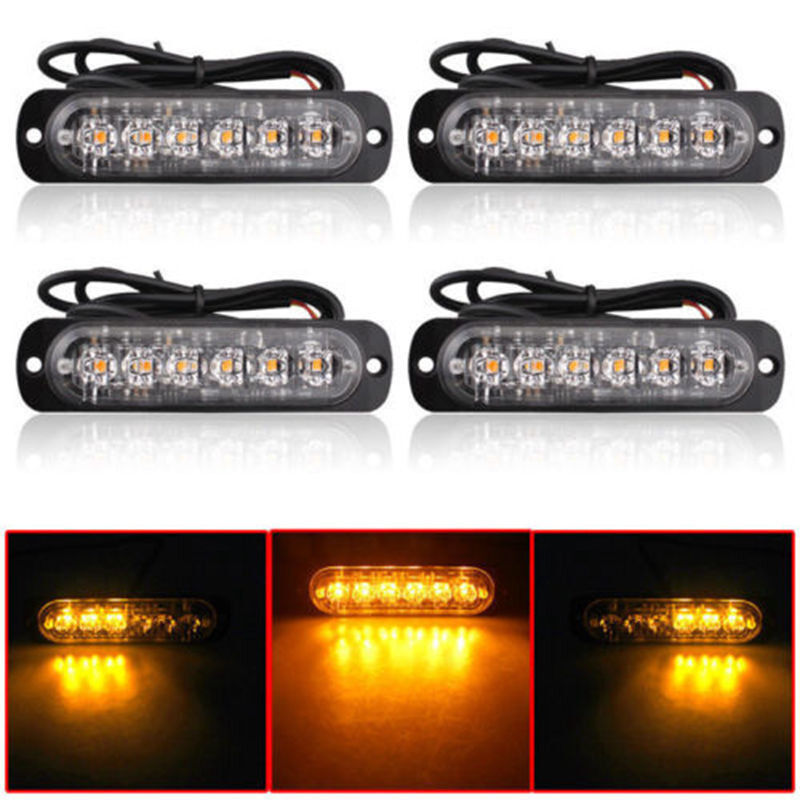 Car Truck Emergency Beacon Warning Hazard Flash Strobe Light Bar 4PC Amber 6 LED