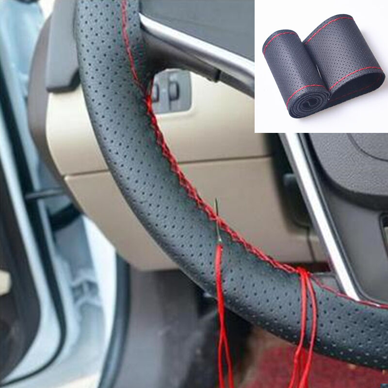 Brown DIY Genuine Cowhide Car Braid Leather Steering Wheel Cover 38 CM Universal