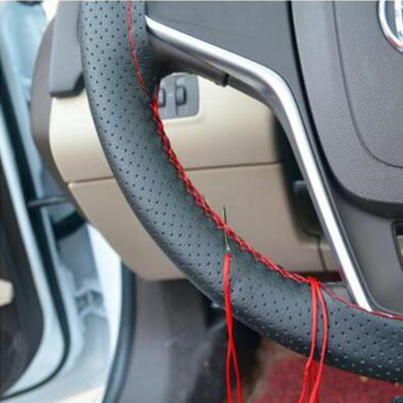 Brown DIY Genuine Cowhide Car Braid Leather Steering Wheel Cover 38 CM Universal