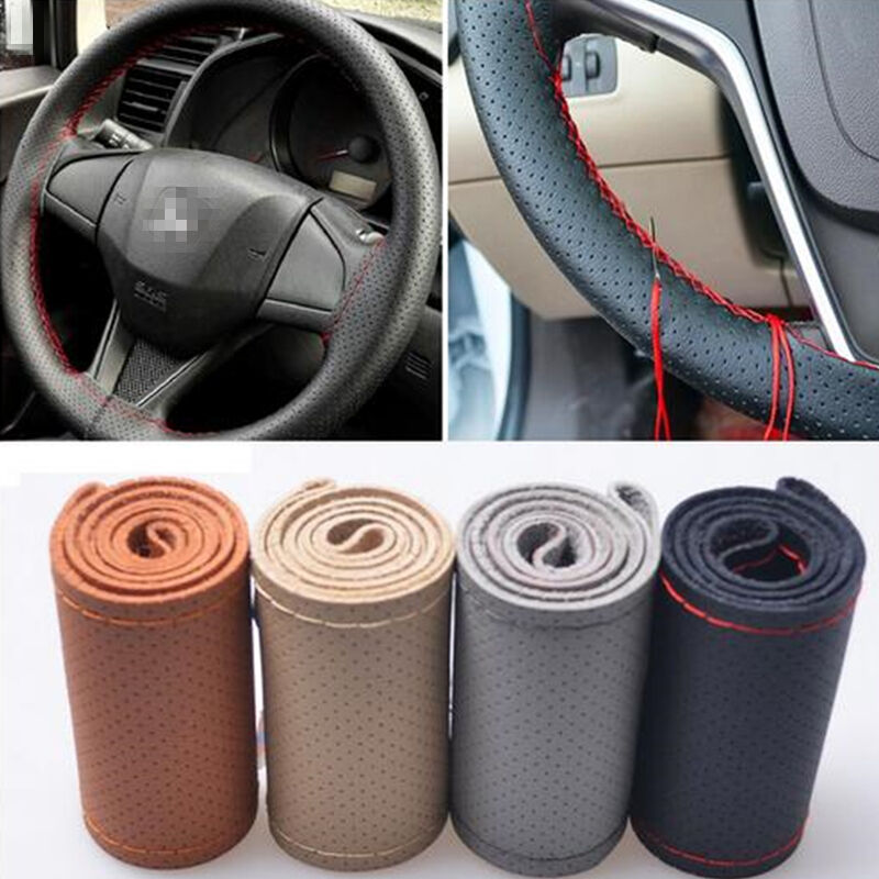 Brown DIY Genuine Cowhide Car Braid Leather Steering Wheel Cover 38 CM Universal