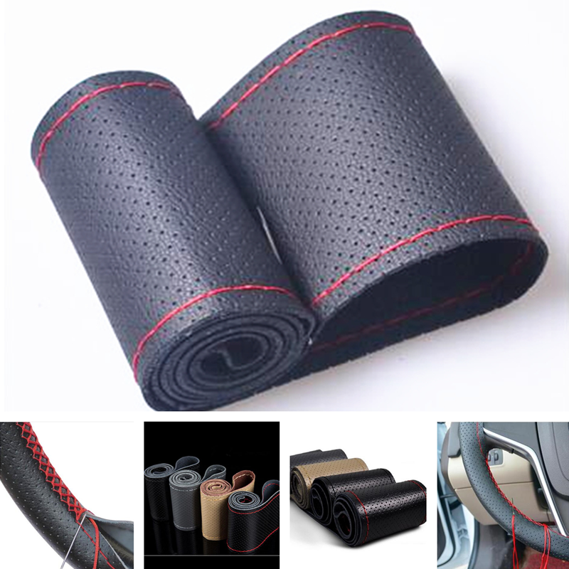 Brown DIY Genuine Cowhide Car Braid Leather Steering Wheel Cover 38 CM Universal