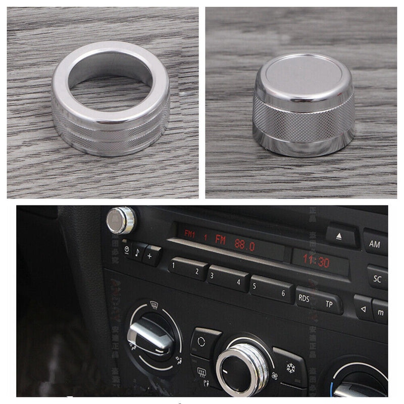 2Pcs AC Climate Control Radio Volume Knob Ring Covers Silver For BMW E90 E91