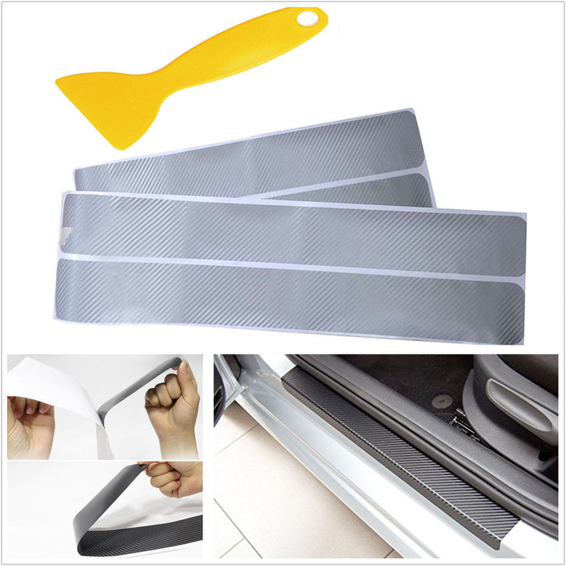 Silver 4D Carbon Fiber Car Accessory Door Sill Scuff Protector Stickers &Tool