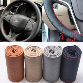 38CM Beige Genuine Cowhide Car Braid Leather Steering Wheel Cover Universal New