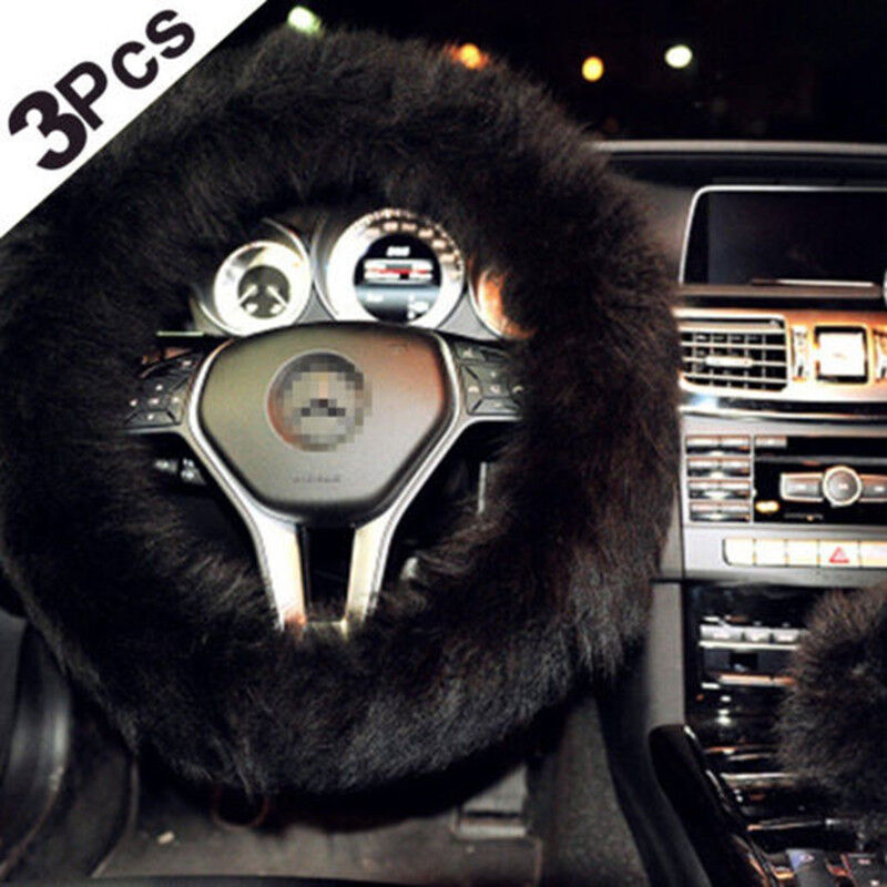 HOTLong Furry Steering Wheel Cover Shifter Cover and Parking Brake Cover black