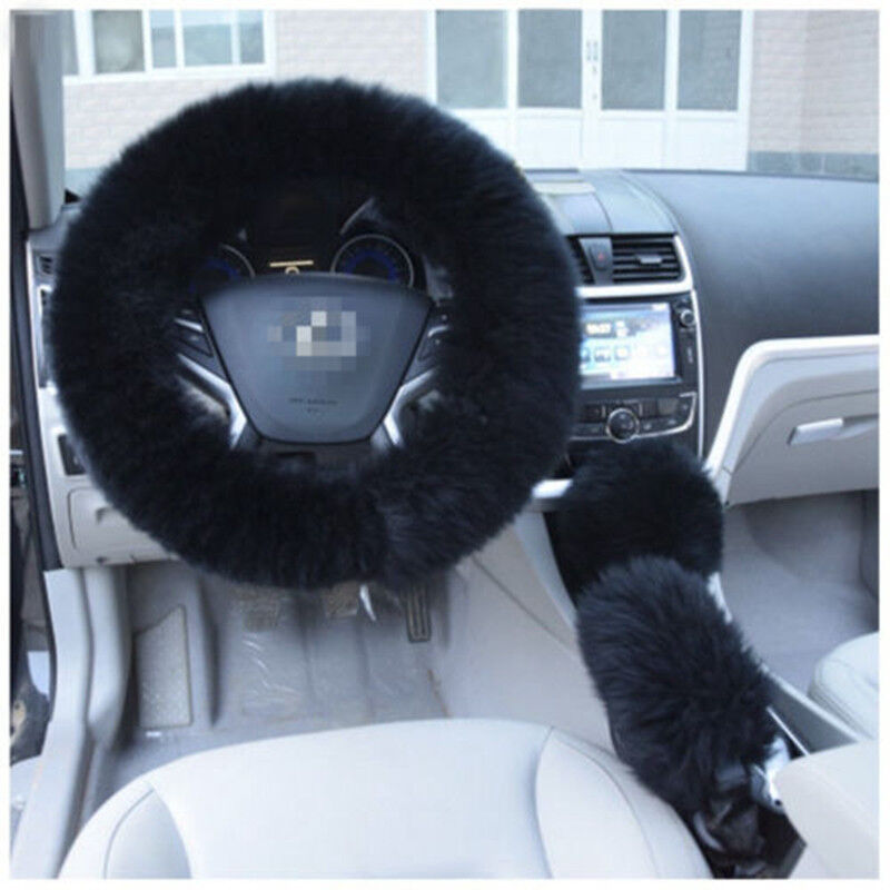 HOTLong Furry Steering Wheel Cover Shifter Cover and Parking Brake Cover black