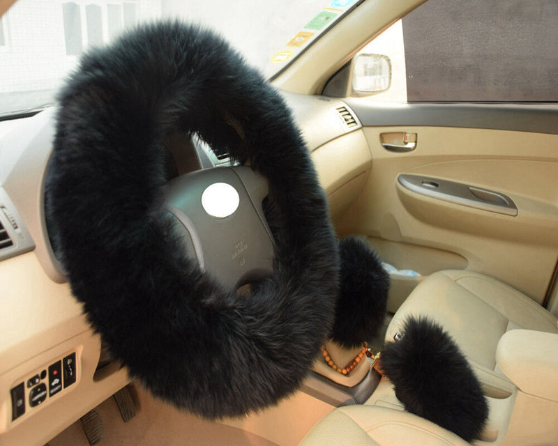 HOTLong Furry Steering Wheel Cover Shifter Cover and Parking Brake Cover black