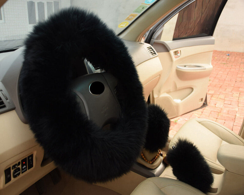 HOTLong Furry Steering Wheel Cover Shifter Cover and Parking Brake Cover black