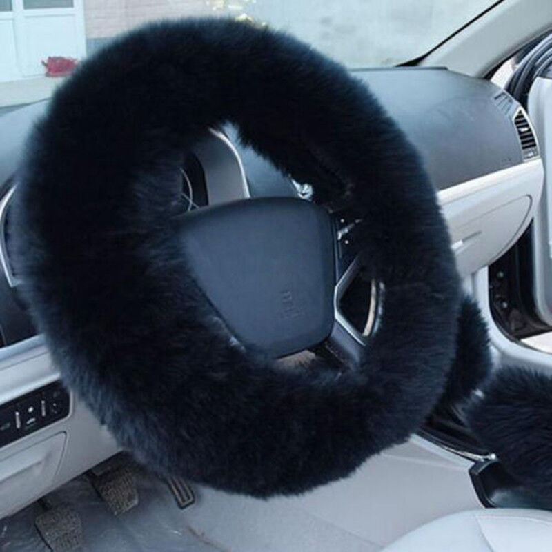 HOTLong Furry Steering Wheel Cover Shifter Cover and Parking Brake Cover black